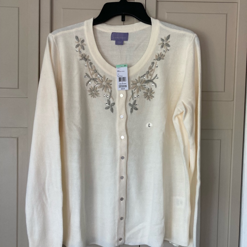 Embroidered Cream Cardigan Sweater